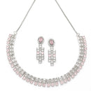 Rhodium-Plated Pink Round Shape American Diamonds Studded Necklace & Earrings Jewellery Set