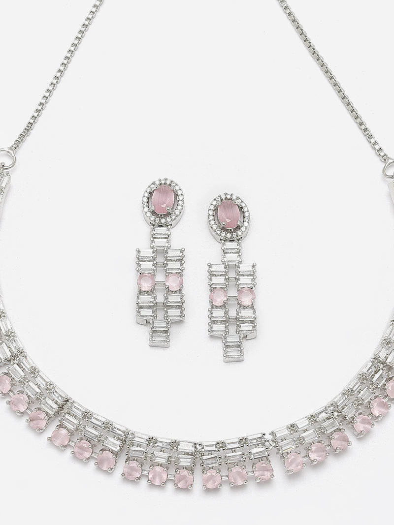 Rhodium-Plated Pink Round Shape American Diamonds Studded Necklace & Earrings Jewellery Set