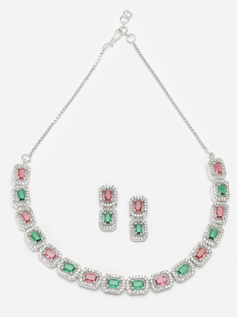 Rhodium-Plated Red & Green American Diamonds Studded Quadrate Shaped Necklace & Earrings Jewellery Set