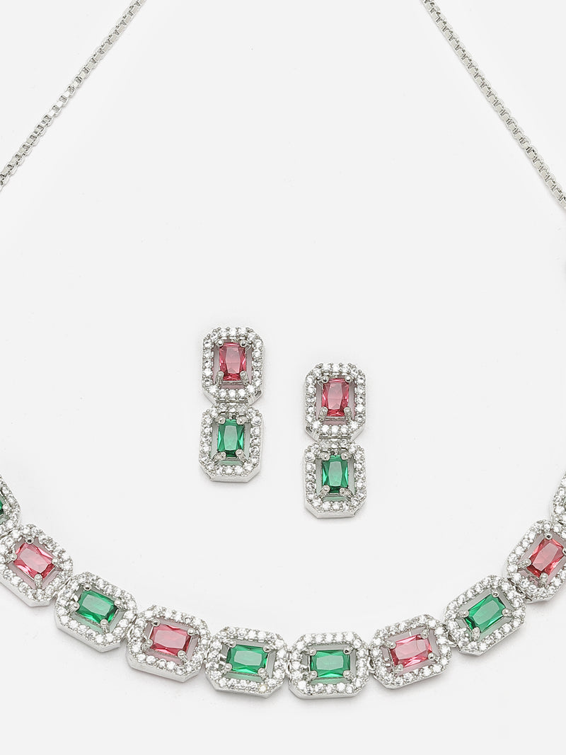 Rhodium-Plated Red & Green American Diamonds Studded Quadrate Shaped Necklace & Earrings Jewellery Set