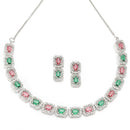 Rhodium-Plated Red & Green American Diamonds Studded Quadrate Shaped Necklace & Earrings Jewellery Set