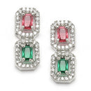 Rhodium-Plated Red & Green American Diamonds Studded Quadrate Shaped Necklace & Earrings Jewellery Set