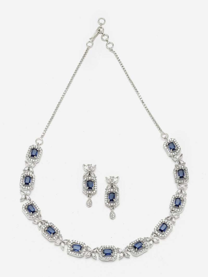 Rhodium-Plated Navy Blue American Diamonds Studded Cubical Necklace & Earrings Jewellery Set