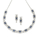 Rhodium-Plated Navy Blue American Diamonds Studded Cubical Necklace & Earrings Jewellery Set