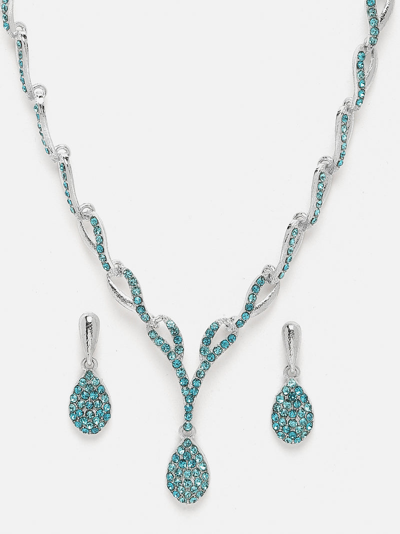 Silver-Plated Blue & White Cubic Zirconia Studded Teardrop Shaped Necklace with Earrings Jewellery Set