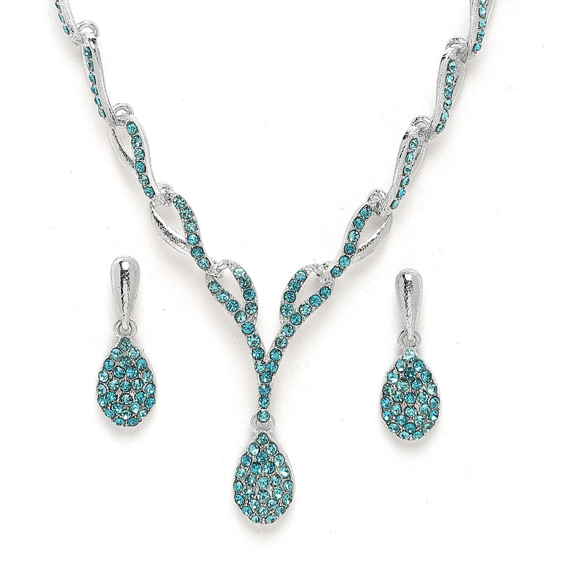 Silver-Plated Blue & White Cubic Zirconia Studded Teardrop Shaped Necklace with Earrings Jewellery Set