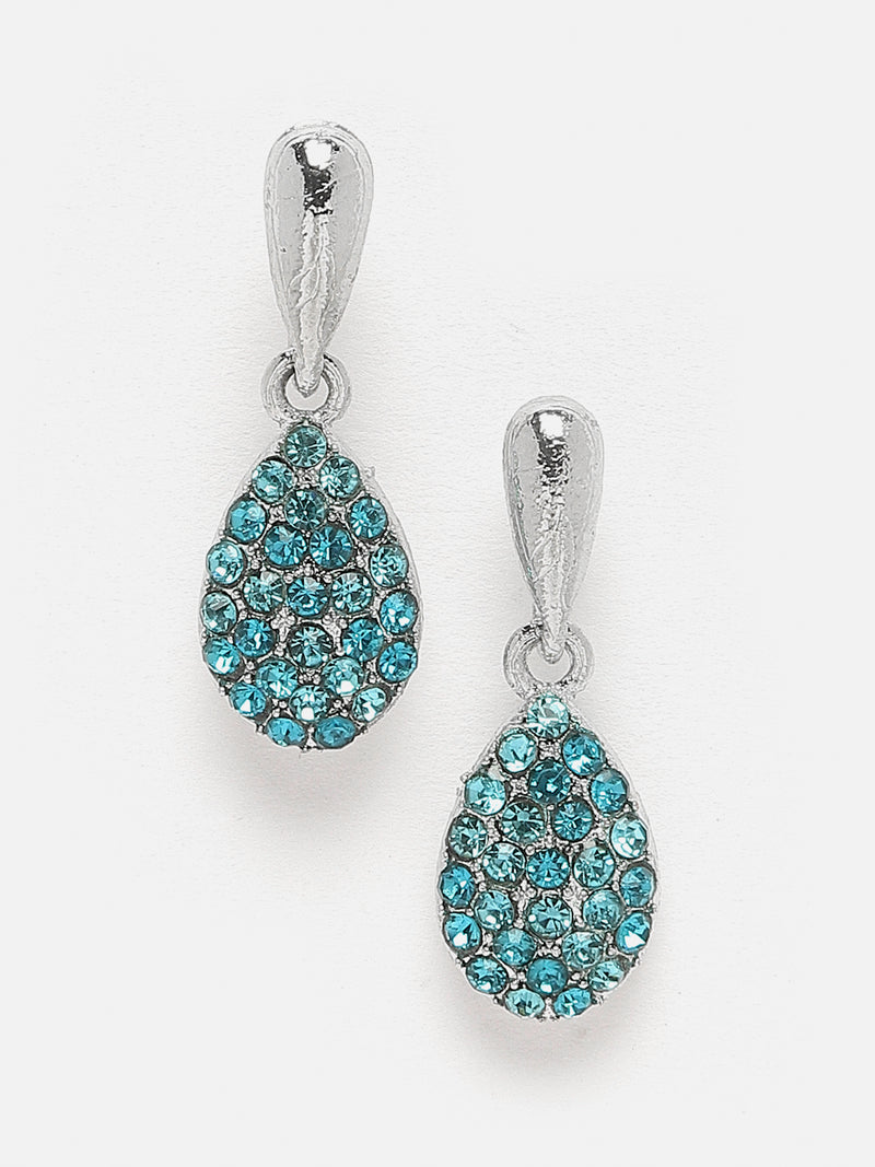 Silver-Plated Blue & White Cubic Zirconia Studded Teardrop Shaped Necklace with Earrings Jewellery Set