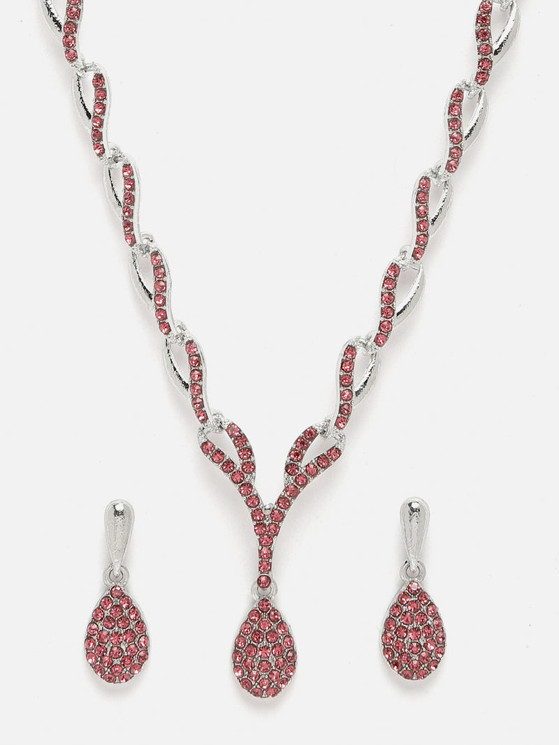 Silver-Plated Pink & White Cubic Zirconia Studded Teardrop Shaped Necklace with Earrings Jewellery Set