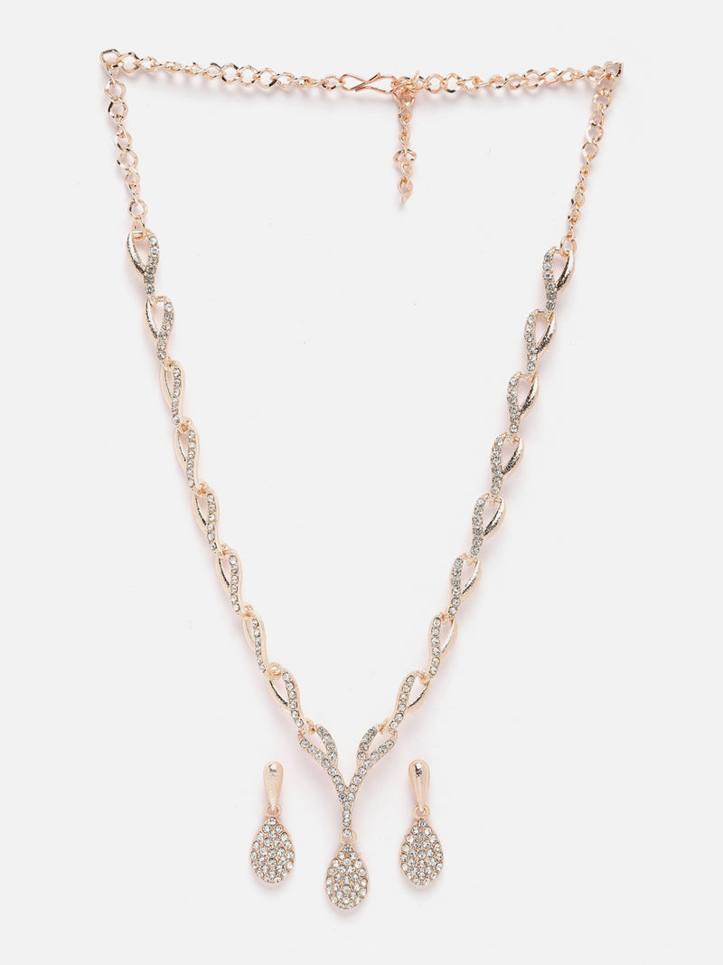 Rose Gold-Plated White Cubic Zirconia Studded Teardrop Shaped Necklace with Earrings Jewellery Set