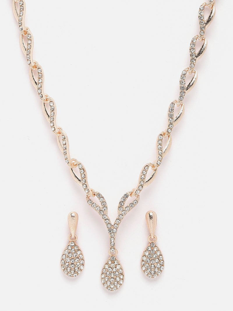 Rose Gold-Plated White Cubic Zirconia Studded Teardrop Shaped Necklace with Earrings Jewellery Set