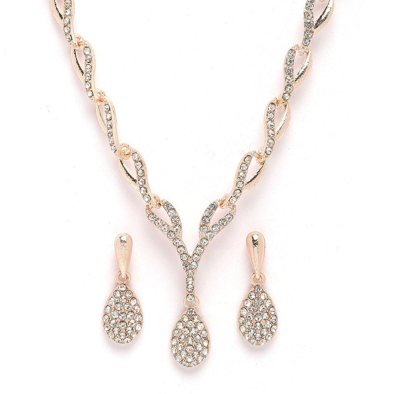 Rose Gold-Plated White Cubic Zirconia Studded Teardrop Shaped Necklace with Earrings Jewellery Set