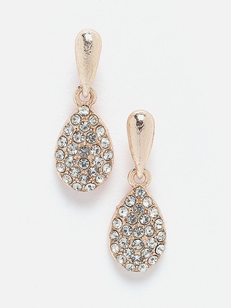 Rose Gold-Plated White Cubic Zirconia Studded Teardrop Shaped Necklace with Earrings Jewellery Set