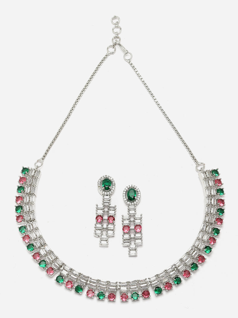 Rhodium-Plated Red & Green Round Shape American Diamonds Studded Necklace & Earrings Jewellery Set