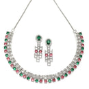 Rhodium-Plated Red & Green Round Shape American Diamonds Studded Necklace & Earrings Jewellery Set