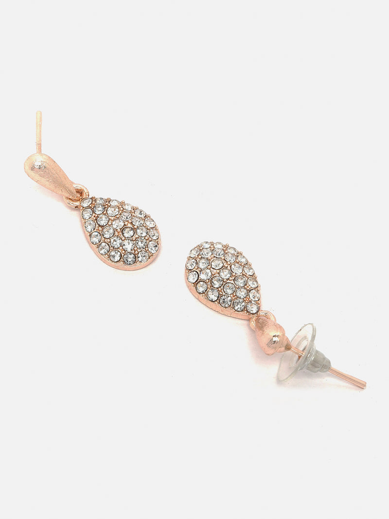 Rose Gold-Plated White Cubic Zirconia Studded Teardrop Shaped Necklace with Earrings Jewellery Set