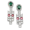 Rhodium-Plated Red & Green Round Shape American Diamonds Studded Necklace & Earrings Jewellery Set