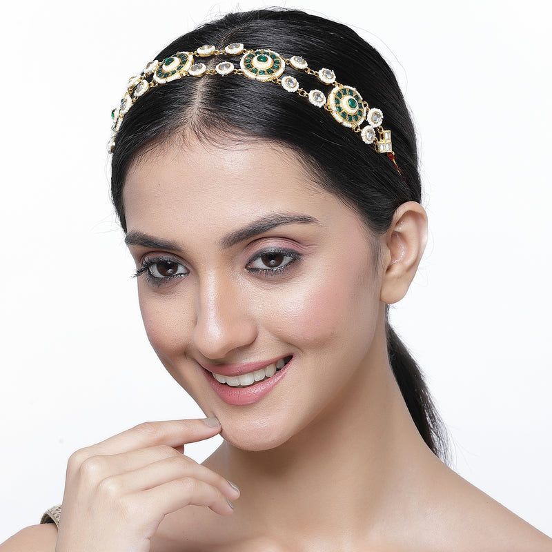 Gold-Plated Round Green Kundan & Pearl Mathapatti