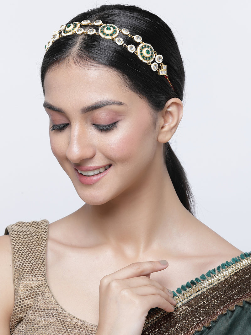 Gold-Plated Green & White Artificial Stones and Beads studded Matha Patti