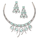 Rhodium-Plated Sea Green American Diamond Studded Contemporary Necklace with Earrings Jewellery Set