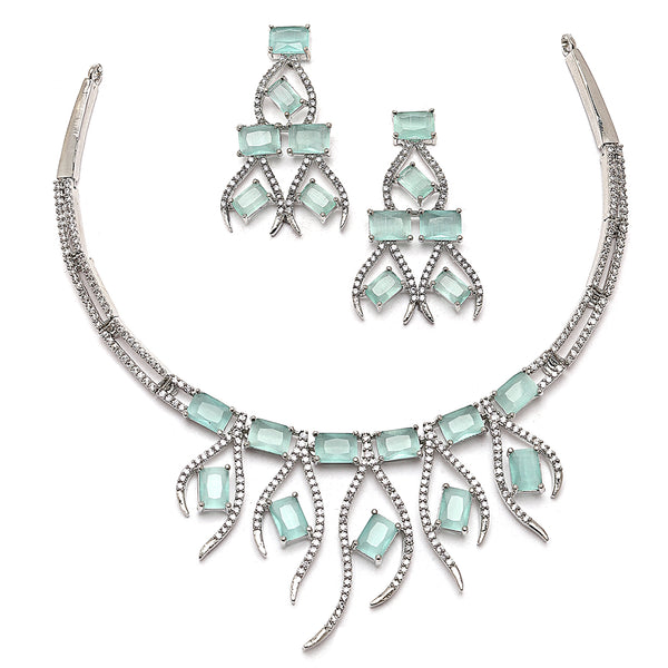 Rhodium-Plated Sea Green American Diamond Studded Contemporary Necklace with Earrings Jewellery Set