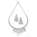 Rhodium-Plated Sea Green American Diamond Studded Contemporary Necklace with Earrings Jewellery Set