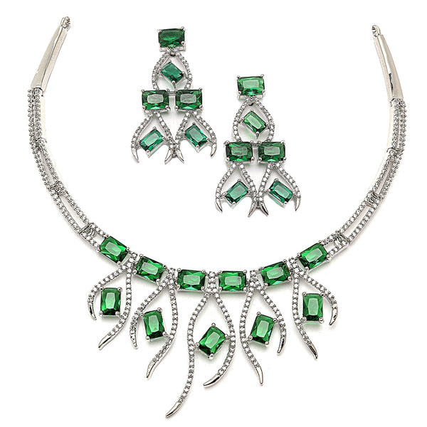 Rhodium-Plated Green American Diamond Studded Contemporary Necklace with Earrings Jewellery Set