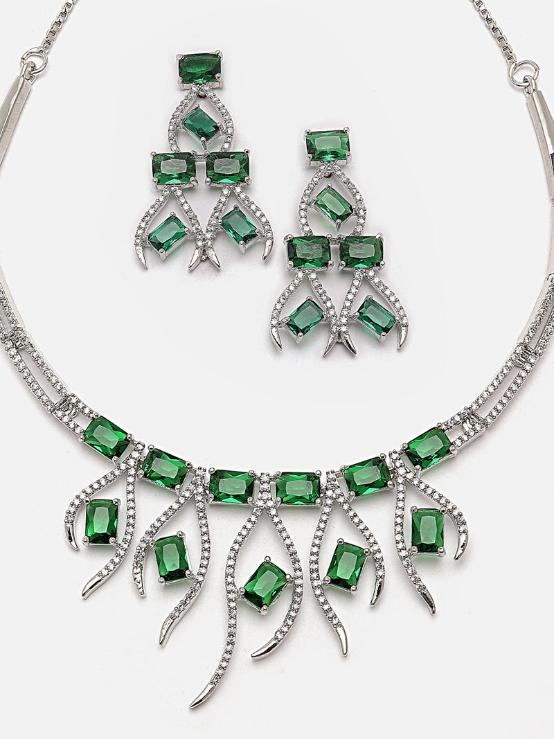 Rhodium-Plated Green American Diamond Studded Contemporary Necklace with Earrings Jewellery Set