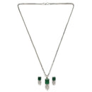 Rhodium-Plated Green American Diamond Studded Square & Leaf Shaped Pendant with Earrings Jewellery Set