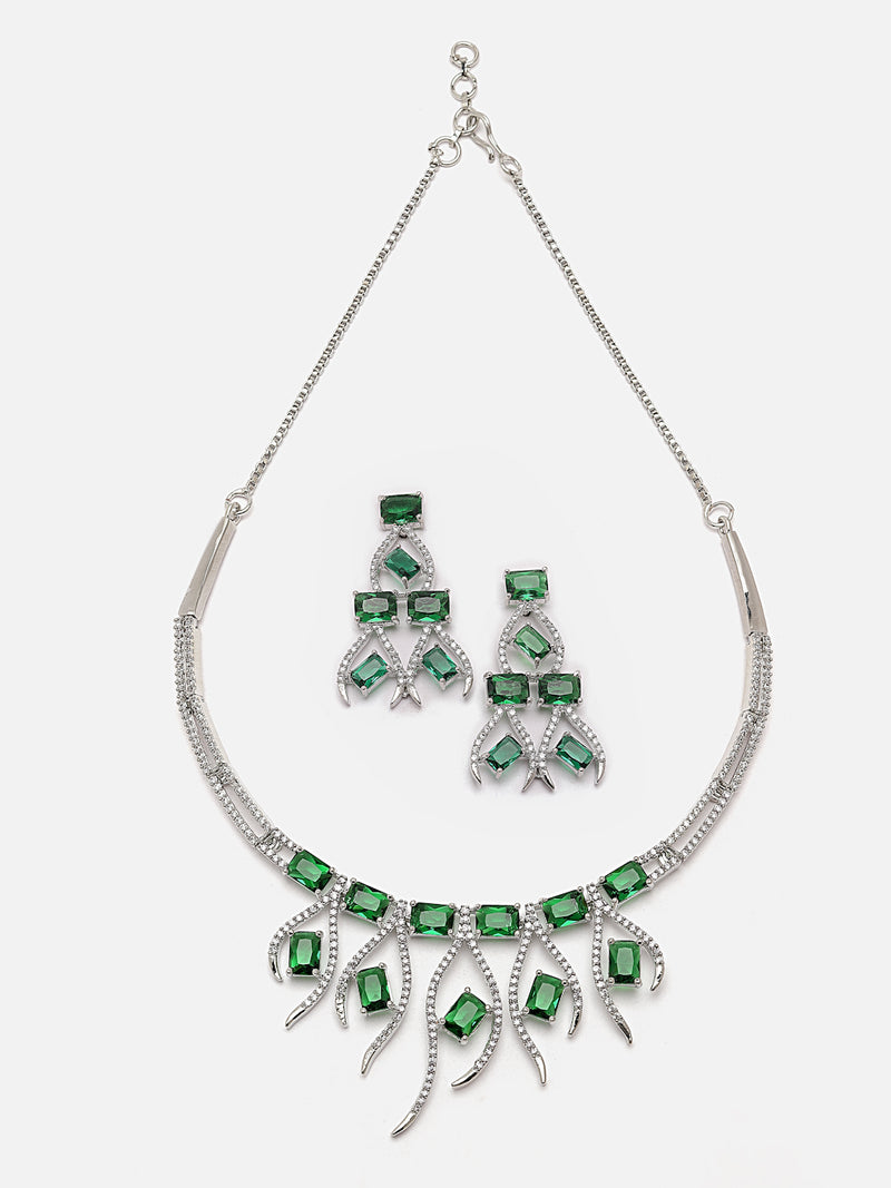 Rhodium-Plated Green American Diamond Studded Contemporary Necklace with Earrings Jewellery Set