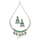 Rhodium-Plated Green American Diamond Studded Contemporary Necklace with Earrings Jewellery Set