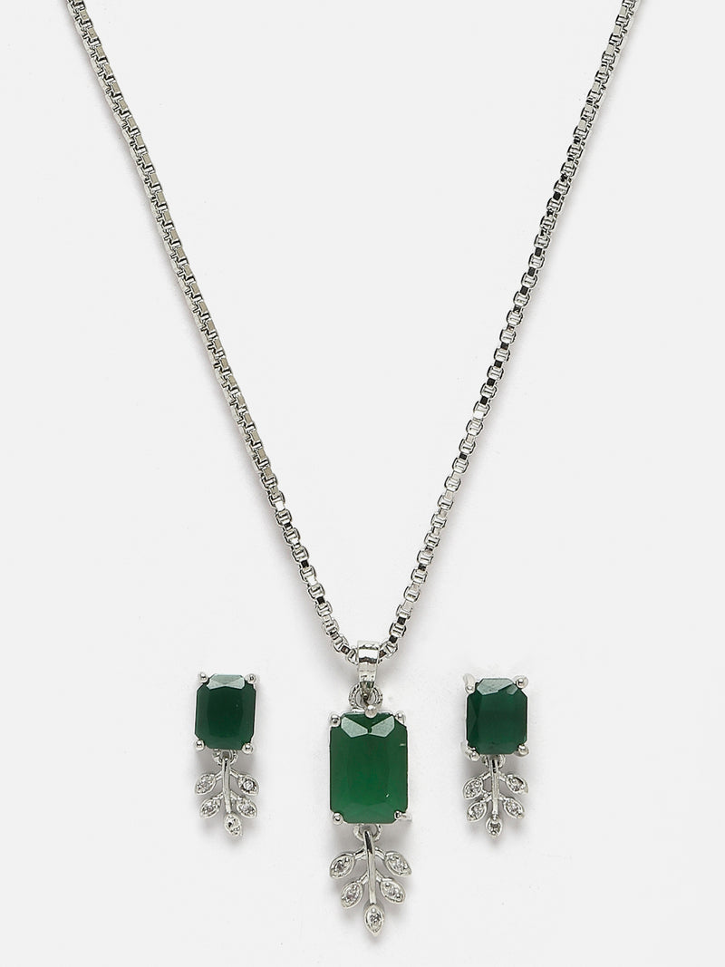 Rhodium-Plated Green American Diamond Studded Square & Leaf Shaped Pendant with Earrings Jewellery Set