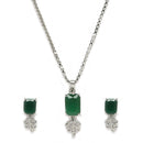 Rhodium-Plated Green American Diamond Studded Square & Leaf Shaped Pendant with Earrings Jewellery Set