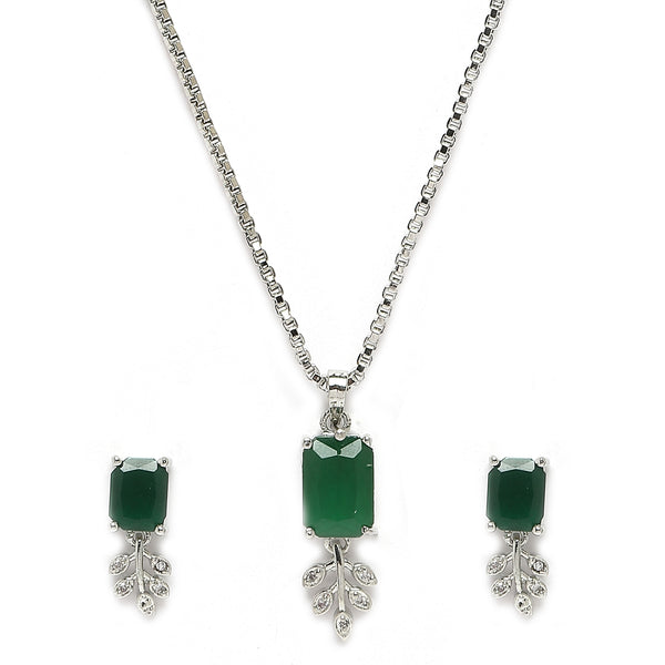 Rhodium-Plated Green American Diamond Studded Square & Leaf Shaped Pendant with Earrings Jewellery Set