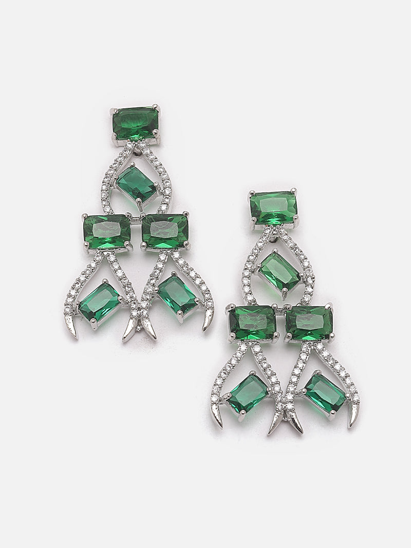 Rhodium-Plated Green American Diamond Studded Contemporary Necklace with Earrings Jewellery Set