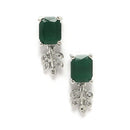 Rhodium-Plated Green American Diamond Studded Square & Leaf Shaped Pendant with Earrings Jewellery Set