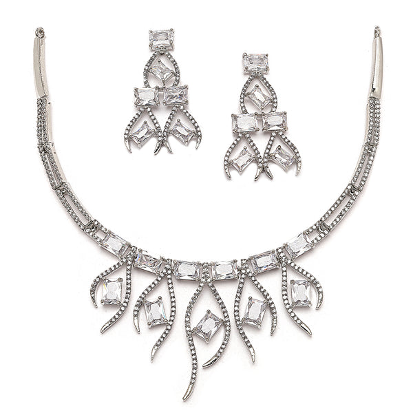 Rhodium-Plated White American Diamond Studded Contemporary Necklace with Earrings Jewellery Set