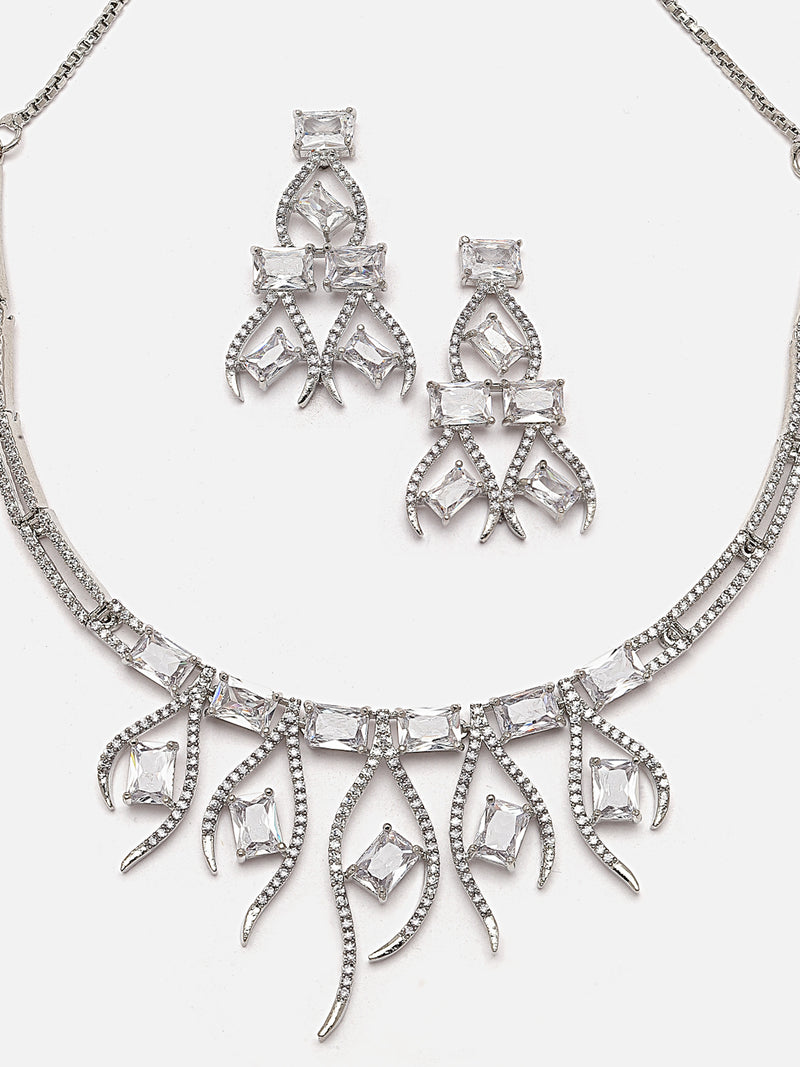 Rhodium-Plated White American Diamond Studded Contemporary Necklace with Earrings Jewellery Set