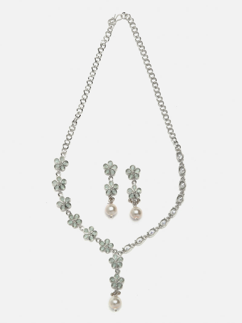 Rhodium-Plated Sea Green American Diamond & White Pearl Studded Floral Necklace & Earrings