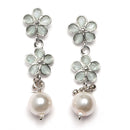 Rhodium-Plated Sea Green American Diamond & White Pearl Studded Floral Necklace & Earrings