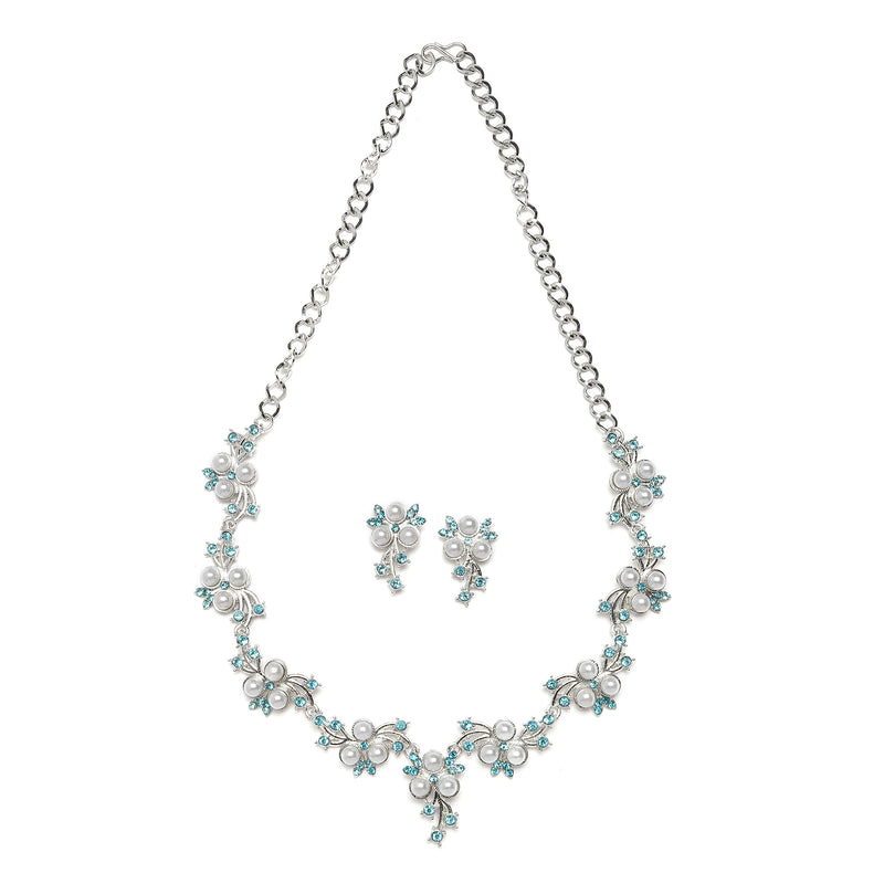 Silver-Plated Blue Cubic Zirconia & White Pearls Studded Jewellery Set