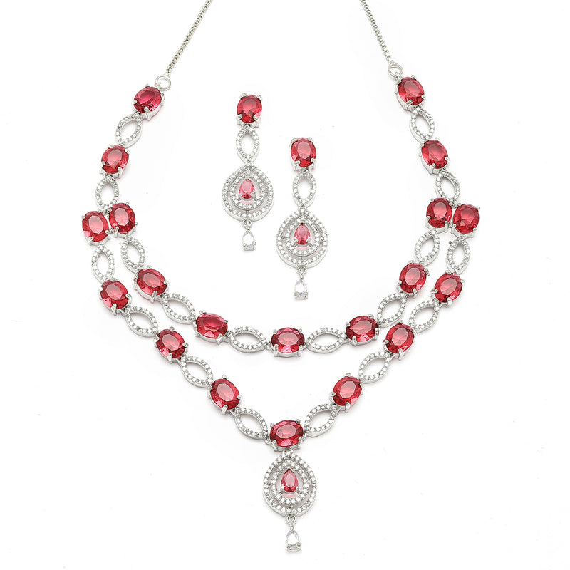 Rhodium-Plated Red American Diamond Studded Abstract Necklace & Earrings Jewellery Set