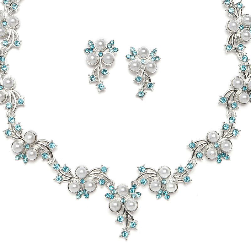 Silver-Plated Blue Cubic Zirconia & White Pearls Studded Jewellery Set