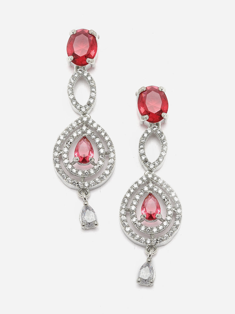 Rhodium-Plated Red American Diamond Studded Abstract Necklace & Earrings Jewellery Set