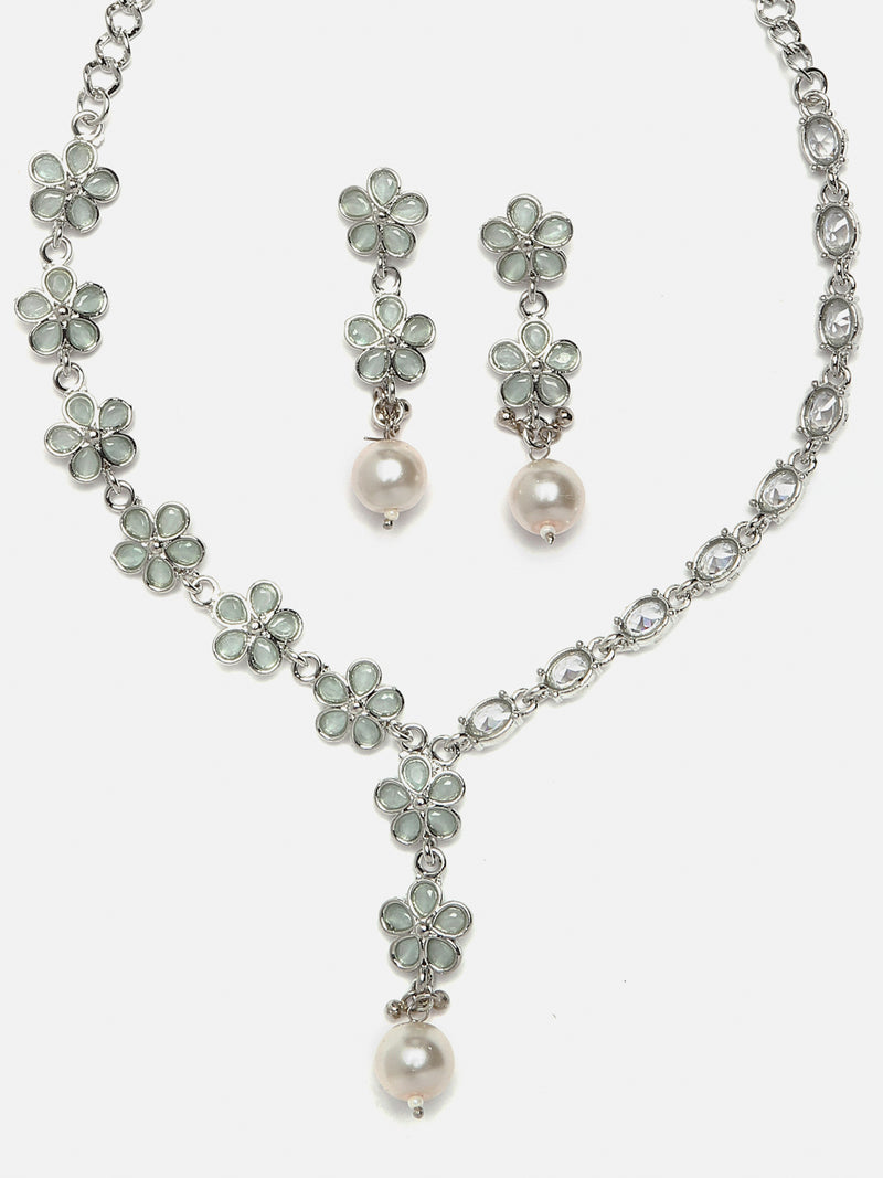 Rhodium-Plated Sea Green American Diamond & White Pearl Studded Floral Necklace & Earrings