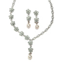 Rhodium-Plated Sea Green American Diamond & White Pearl Studded Floral Necklace & Earrings