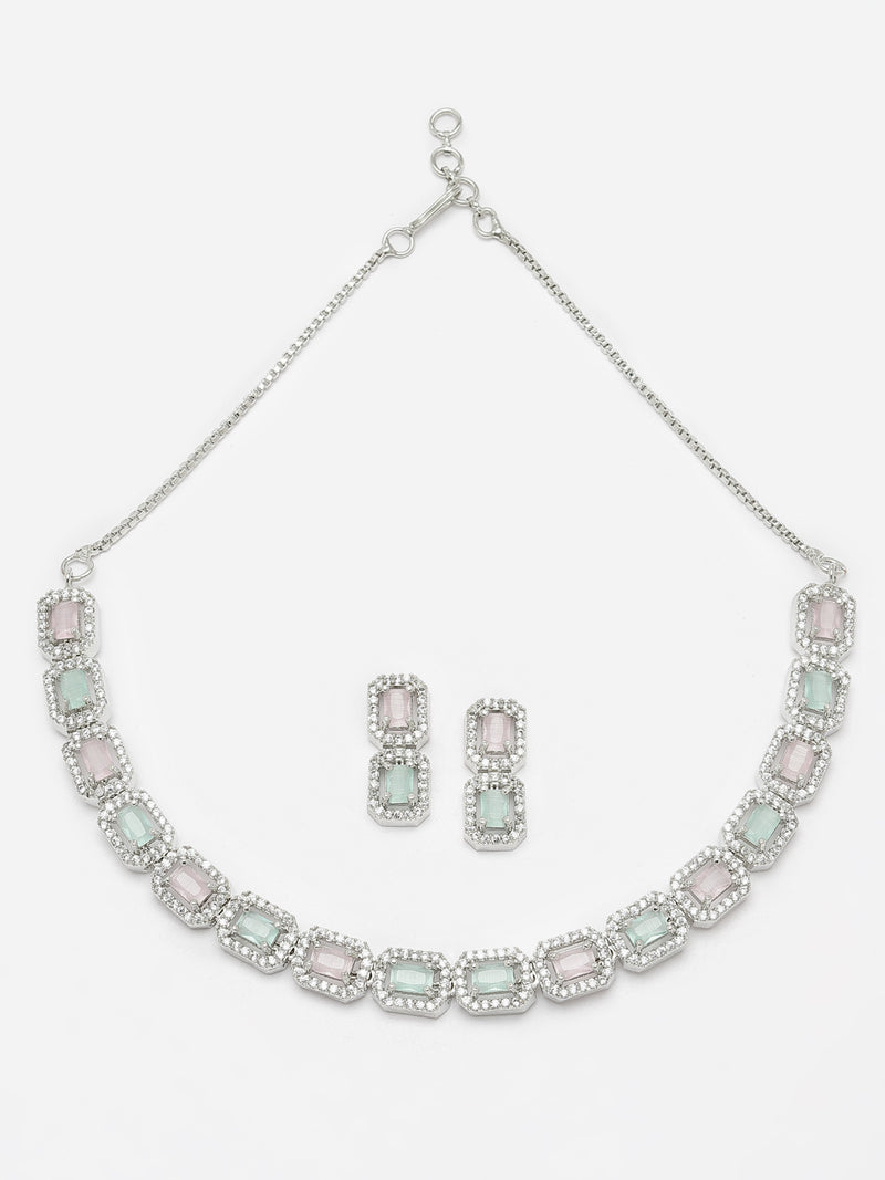 Rhodium-Plated Pink & Sea Green American Diamonds Studded Quadrate Shaped Necklace & Earrings Jewellery Set