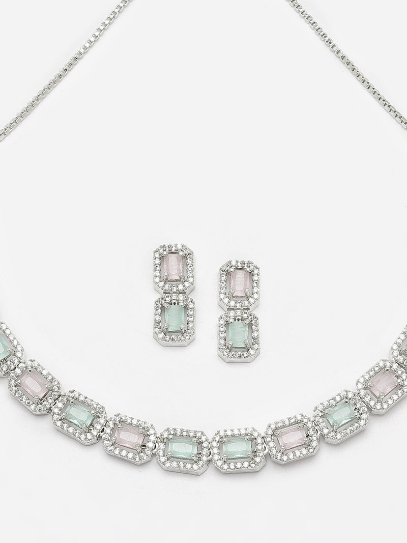 Rhodium-Plated Pink & Sea Green American Diamonds Studded Quadrate Shaped Necklace & Earrings Jewellery Set