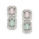 Rhodium-Plated Pink & Sea Green American Diamonds Studded Quadrate Shaped Necklace & Earrings Jewellery Set