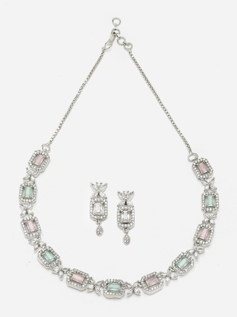 Rhodium-Plated Pink & Sea Green American Diamonds Studded Cubical Necklace & Earrings Jewellery Set