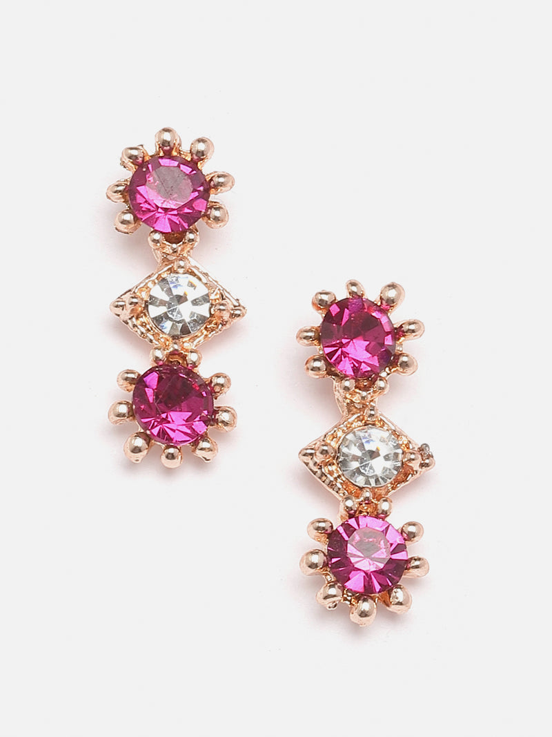 Rose Gold-Plated Pink & White American Diamond Studded Star Shaped Necklace with Earrings Jewellery Set